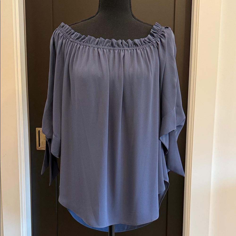 BCBGMaxAzria Ruffled Off-Shoulder Blouse in Slate Blue